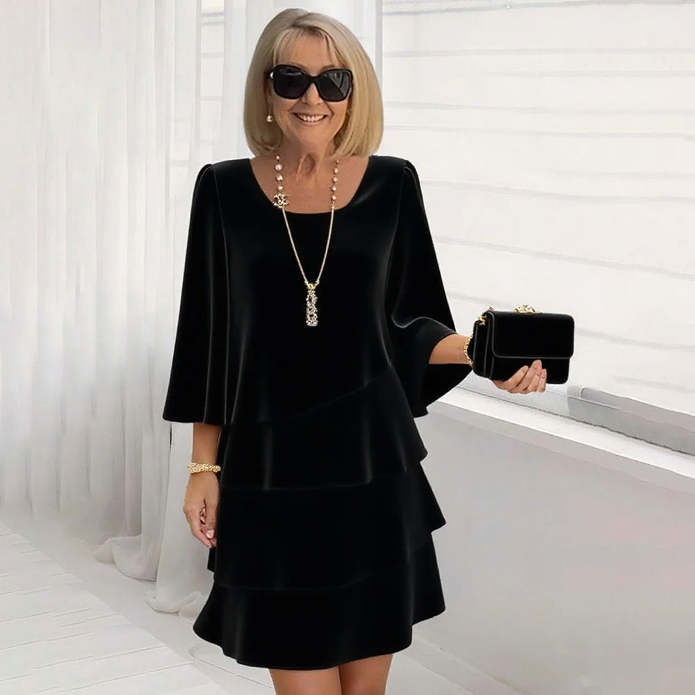 Robe mi-longue à volants pour femmes, décontractée, mode d'été, couleur unie, col rond, élégante, 2025