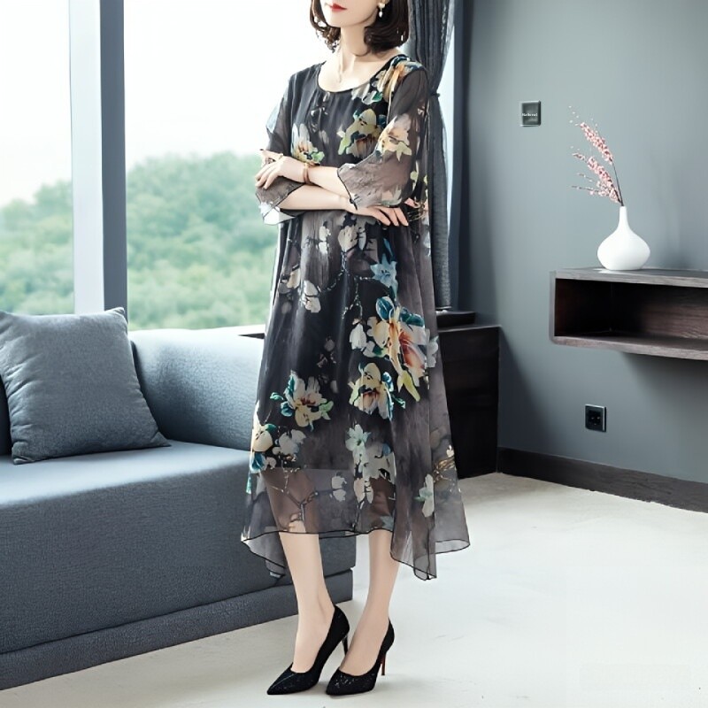 Robe midi grande taille pour mères d'âge moyen, nouveau style d'été, robe en tulle, cache-ventre, amincissante, jupe trapèze, décontractée et confortable