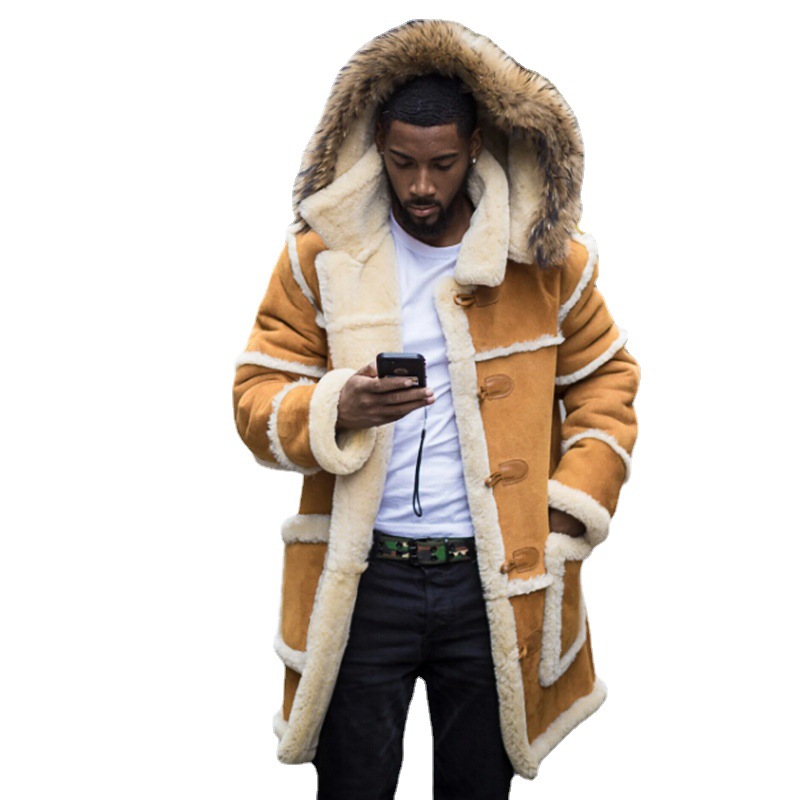 Pardessus hommes hiver nouvelle veste longue ample rembourrée en coton fourrure marron intégré laine d'agneau manteaux à capuche mâle