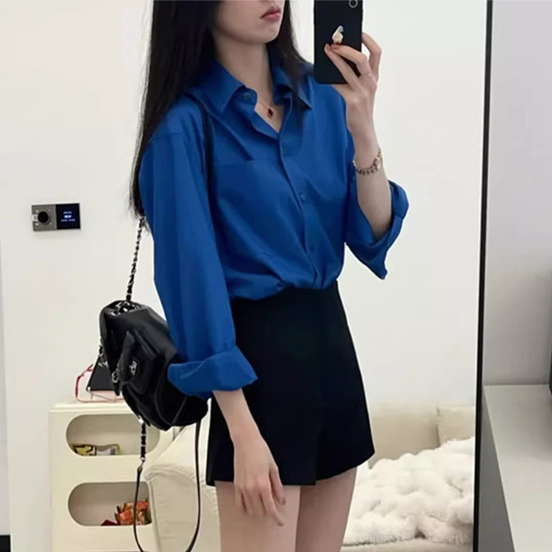 Chemise bleue amincissante à manches longues pour femmes, chemisier décontracté de Style de rue, couleur unie, polyvalent, basique, col rabattu, printemps automne