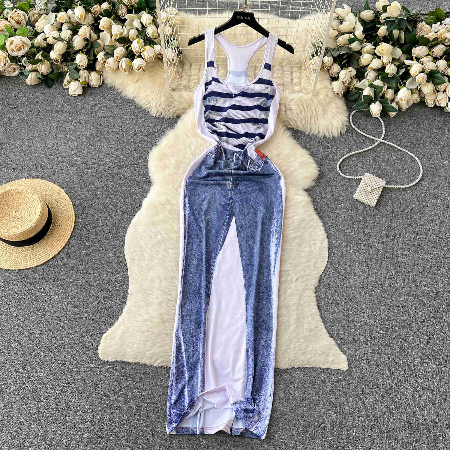 Robe longue rayée imprimée à col rond pour femmes, mode d'été, précieux streetwear décontracté, style rétro, fibre mince, batterie con Maxi, tenues
