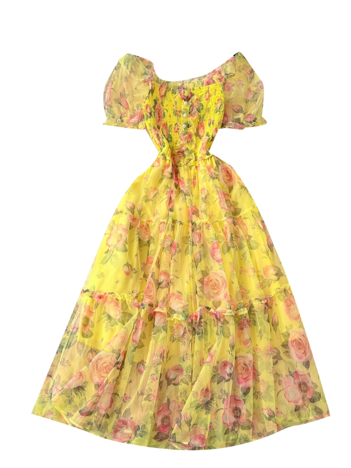 Rétro floral en mousseline de soie Dr taille femme cintrée une épaule bulle Sve Me jupe trajet coréen Sle taille haute a-ligne...