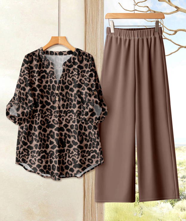 Ensemble pantalon imprimé décontracté pour femmes, t-shirt à manches mi-longues, boutons amples, jambes larges, ensemble deux pièces, vêtements de transport pour dames