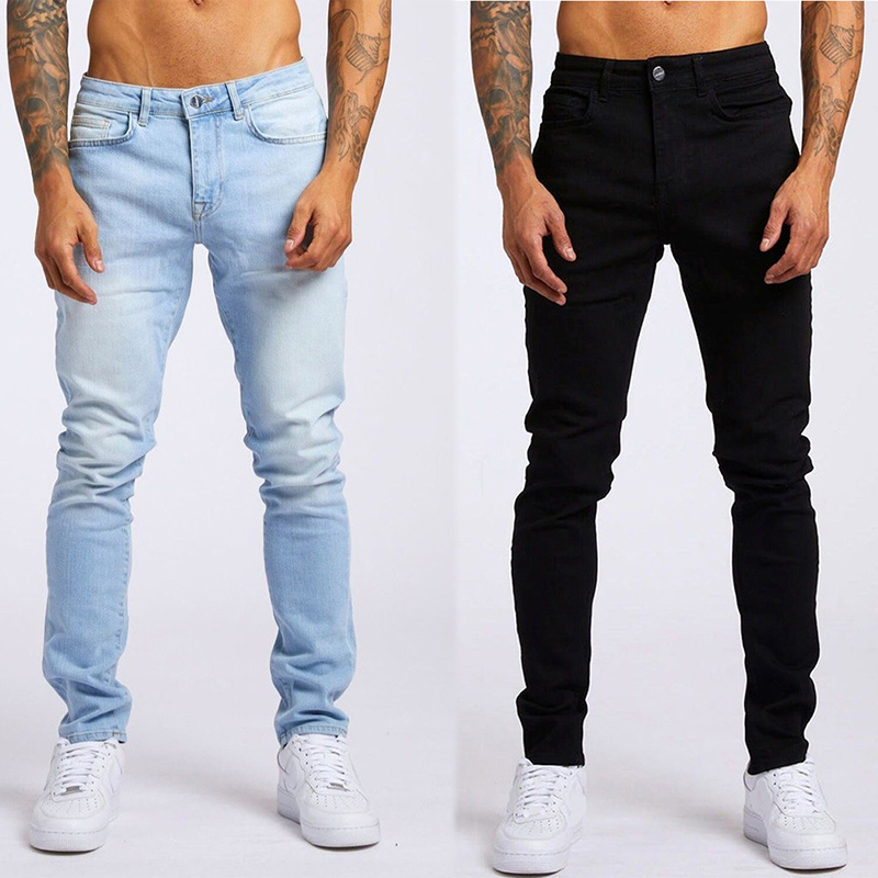 Jeans pour hommes élastique maigre couleur unie Stretch crayon pantalon coupe ajustée Denim jean Jogging Streetwear Cowboy pantalon décontracté noir