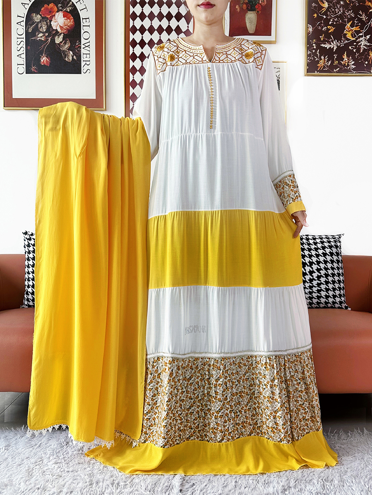 Robe africaine Kashkha 2026 brodée en coton, Abaya africaine, Boubou musulman ample avec grand foulard, robe longue pour le Ramadan