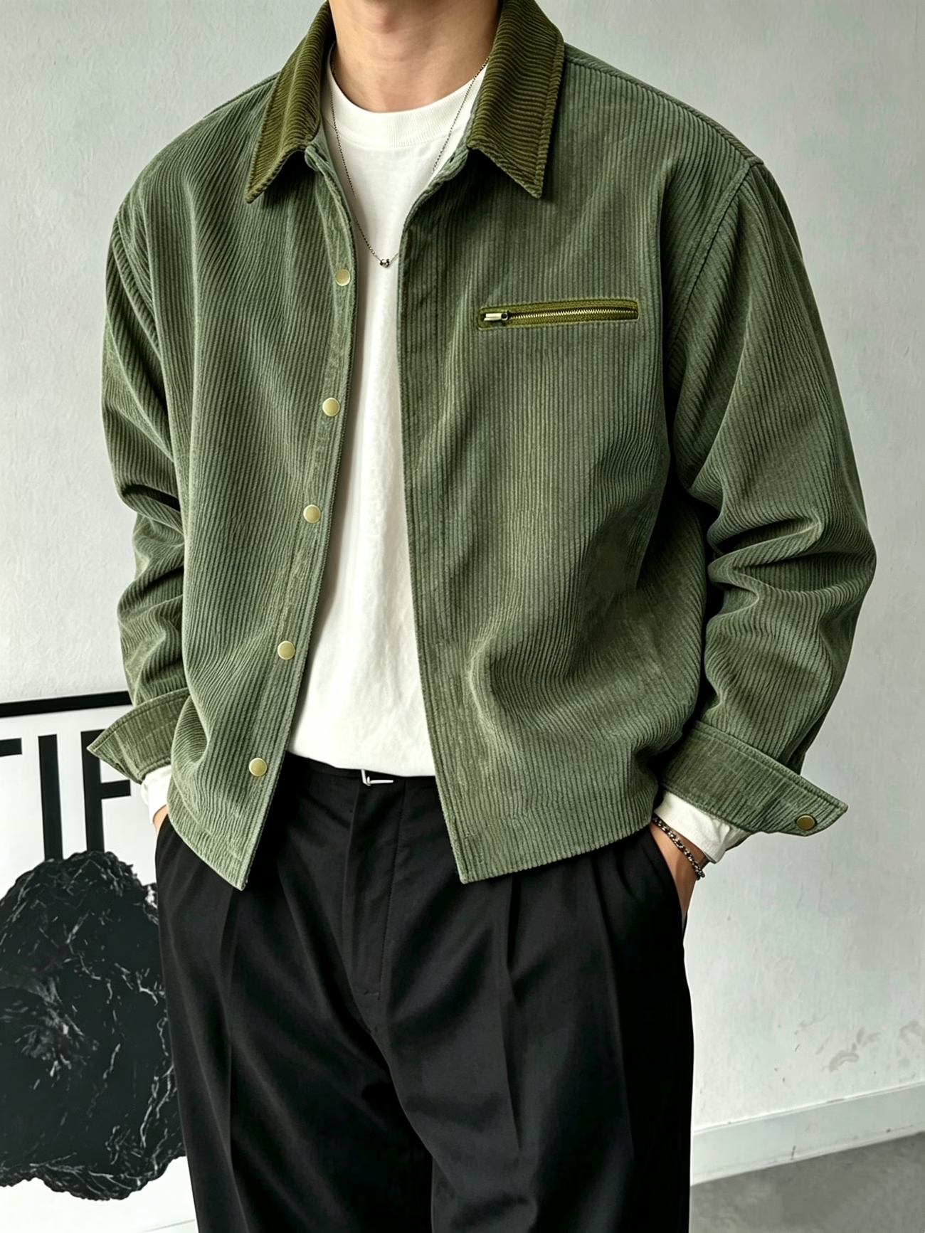 Veste vintage pour homme en velours côtelé, col contrasté, manches longues, coupe ample, poche zippée, vêtement décontracté de style streetwear.