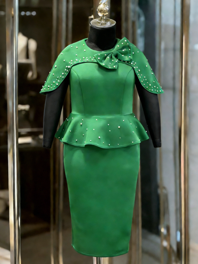 Robes de fête de noël élégantes avec perles pour femmes, col rond, manches Cape, grand nœud 3D, ourlet à volants, taille haute, tenue africaine moulante