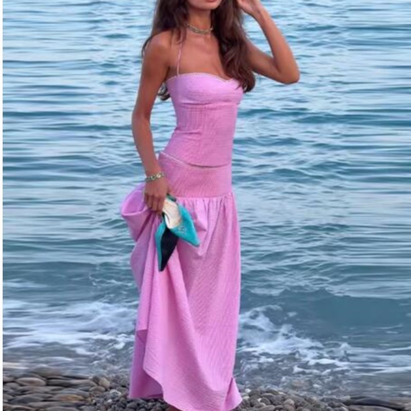 Ensemble jupe femme été rayé colorblock sexy dos nu hauts à lacets taille mi-haute jupe trapèze fermeture éclair latérale mode décontracté 2 pièces