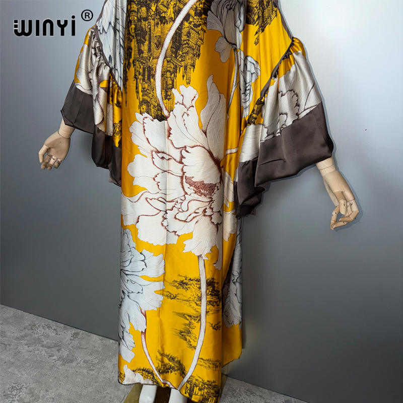 WINYI Robe de soirée d'été à manches bouffantes, Abaya de luxe de Dubaï, Kaftan ample imprimé pour femme, Vêtement musulman, Robe longue de soirée