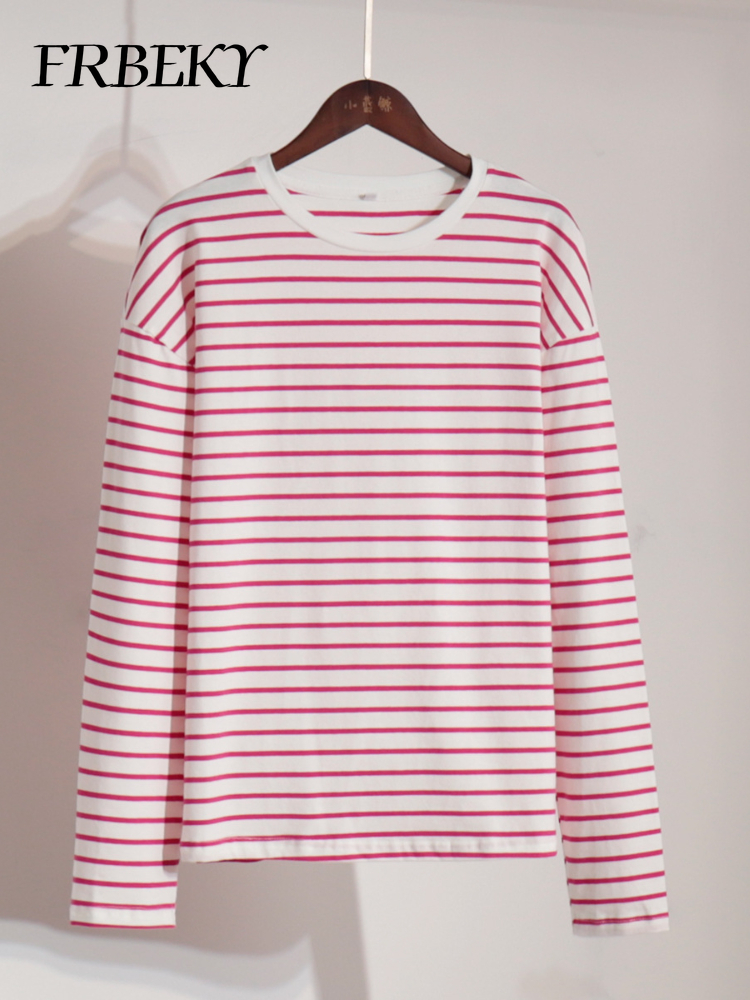 T-shirt Rayé à Manches sulfpour Femme, Chemisier Décontracté, Col Rond, en Coton, Harajuku, Nouvelle Collection Automne 2024