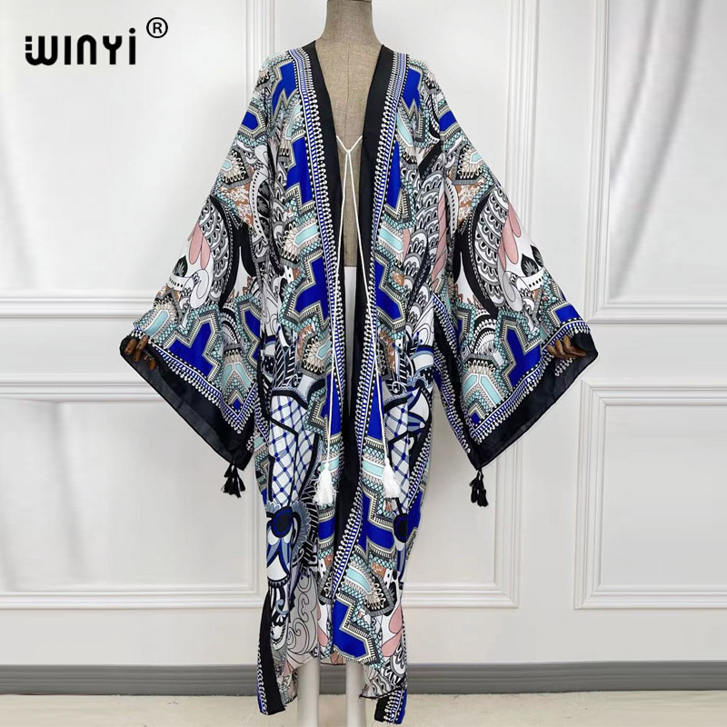 Robe kimono longue rose pour femmes, imprimé Boho, avec ceinture frontale, ouverte, tunique de plage, robes rondes