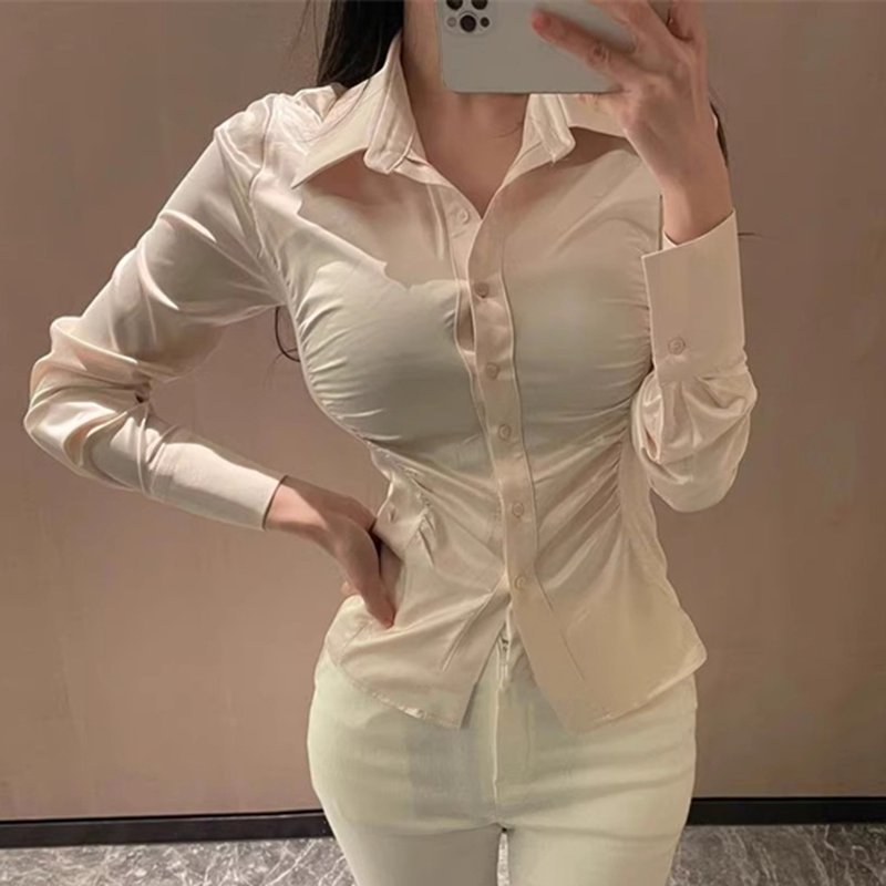 Chemises blanches en soie pour femmes, élégantes, manches longues, OL, vêtements coréens Y2k, Slim, boutons, chemisiers décontractés, hauts Vintage