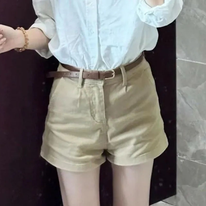 Short droit en Denim extensible pour femmes, kaki, décontracté, assorti avec tout, coréen, Simple, avec ceinture, pantalons courts chauds, été