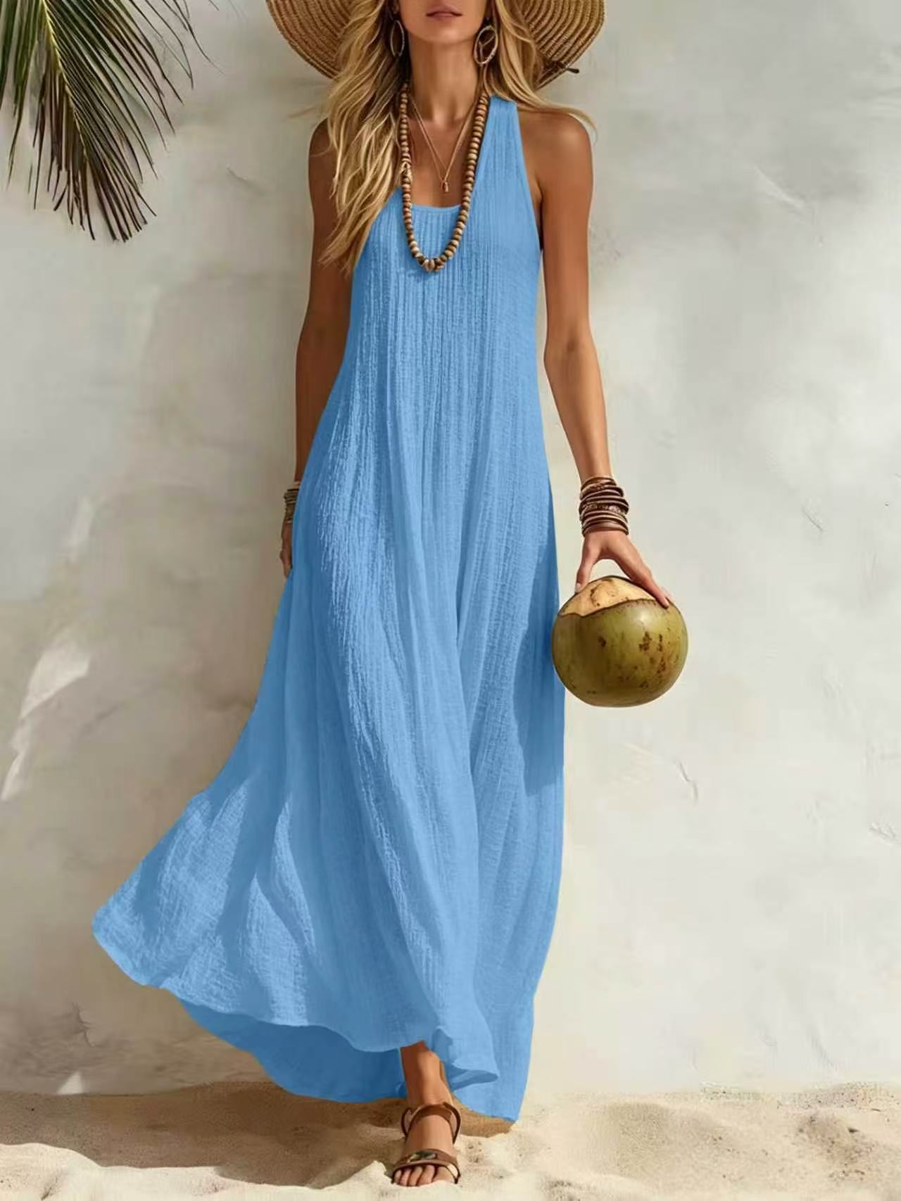 Robe longue décontractée à texture verticale, style débardeur, idéale pour la plage ou comme tenue de vacances