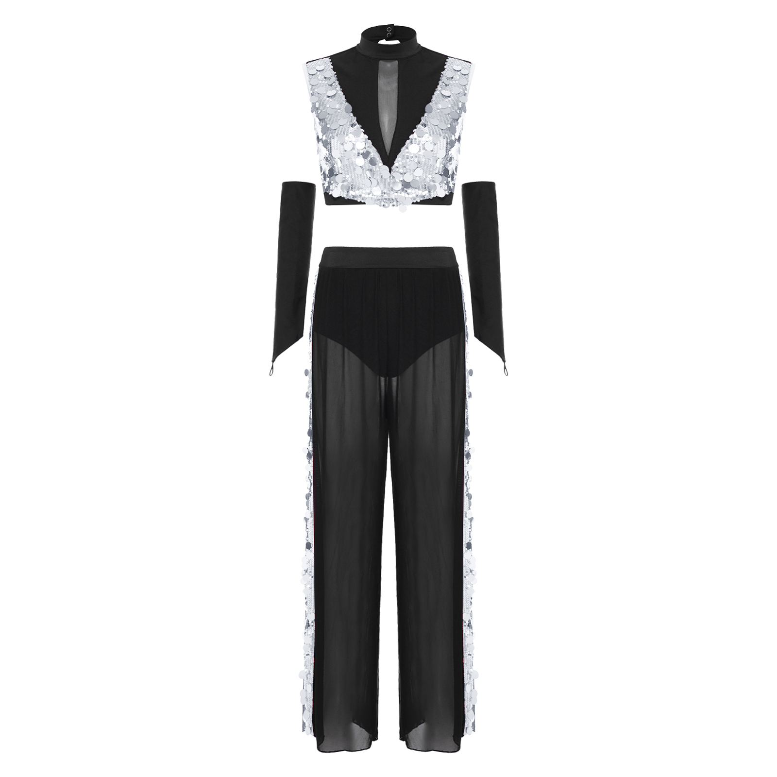 Tenue de danse lyrique pour femmes, haut court sans manches à paillettes avec pantalon en maille et gants, pour ballet, gymnastique, patinage et danse contemporaine