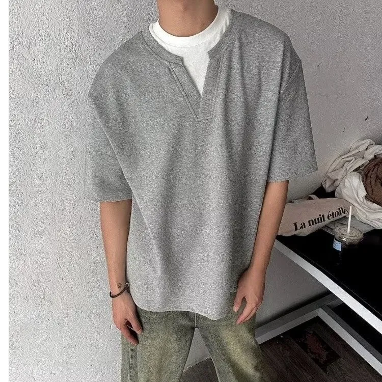 T-shirt pour homme style coréen, faux deux pièces, col en V, tissu épais, coupe ample, décontracté, manches courtes