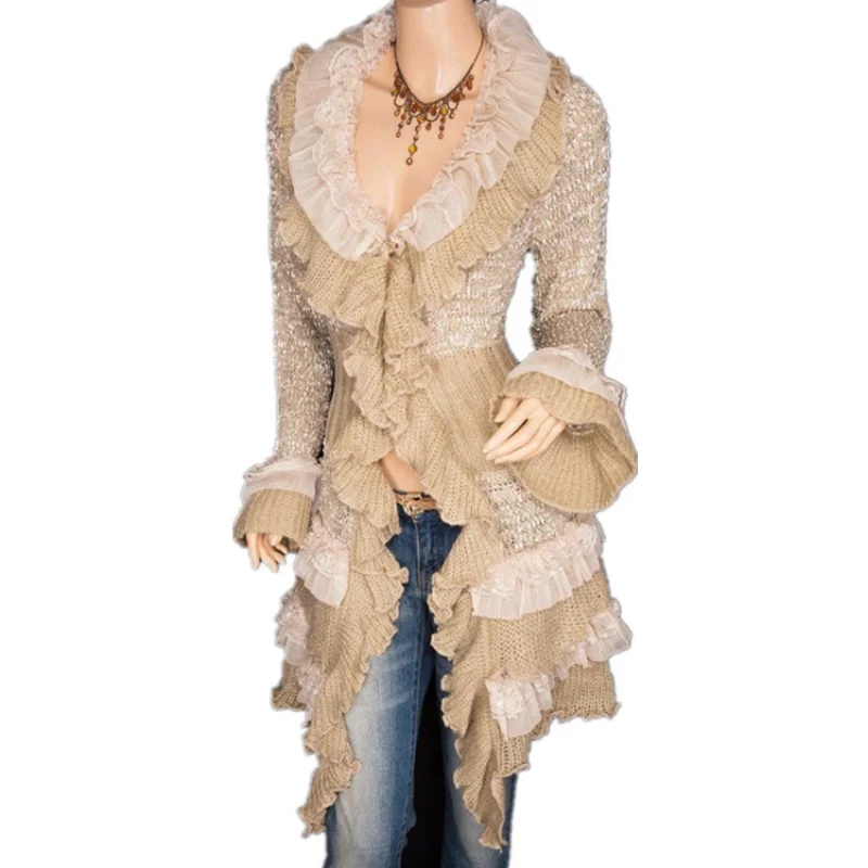 Cardigan long en tricot pour femme, veste mi-longue, manches évasées, dentelle à boutonnage simple, vintage