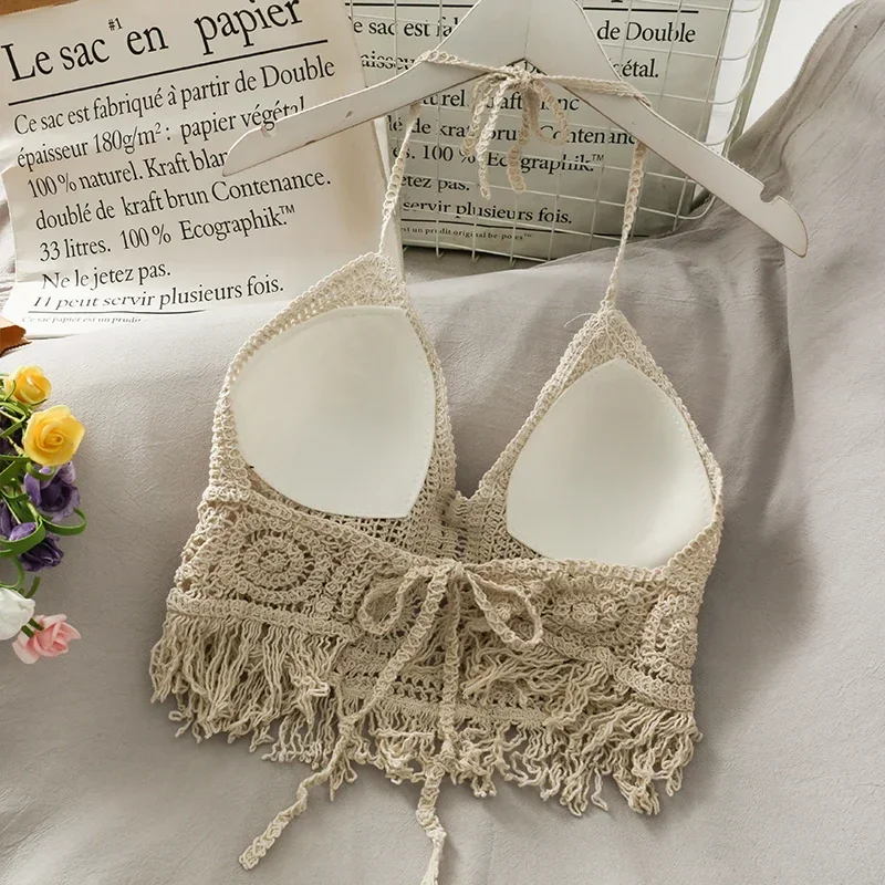 Soutien-gorge dos nu en tricot au crochet pour femme, caraco de plage, licou de vacances, glaHollow Tassel, haut précieux, haut court pour femme, mode