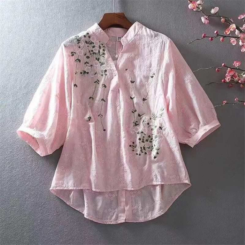 Chemises littéraires en coton pour femmes broderie fleurs femme Blouses col en v demi manches dentelle Blouses été mince haut femme chemise