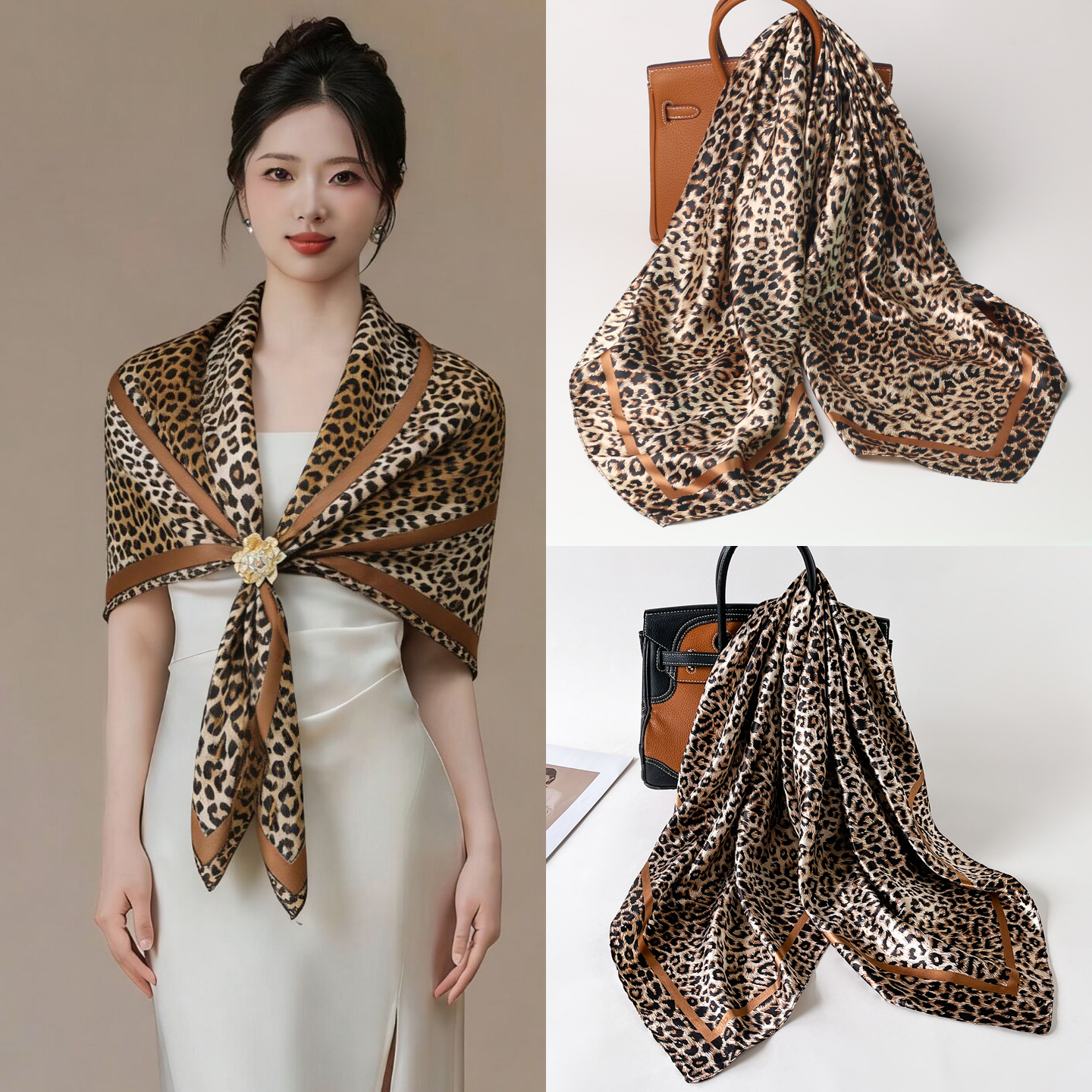 Nouvelle Collection Printemps : Grand Foulard en Soie Synthétique 90 cm, Châle Tendance pour Femme, Cadeau pour la Fête des Trois-Quatre-Neuf-Dix Dames
