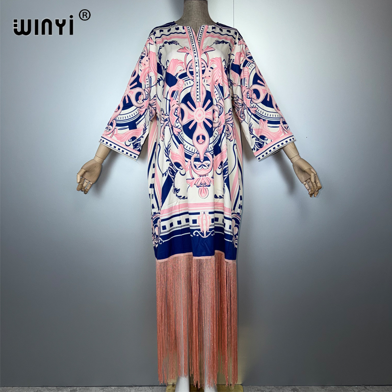 WINYI femme musulmane glands robes boho imprimé caftan robe de soirée moyen-orient femme ample vacances abaya dubaï luxe Caftan