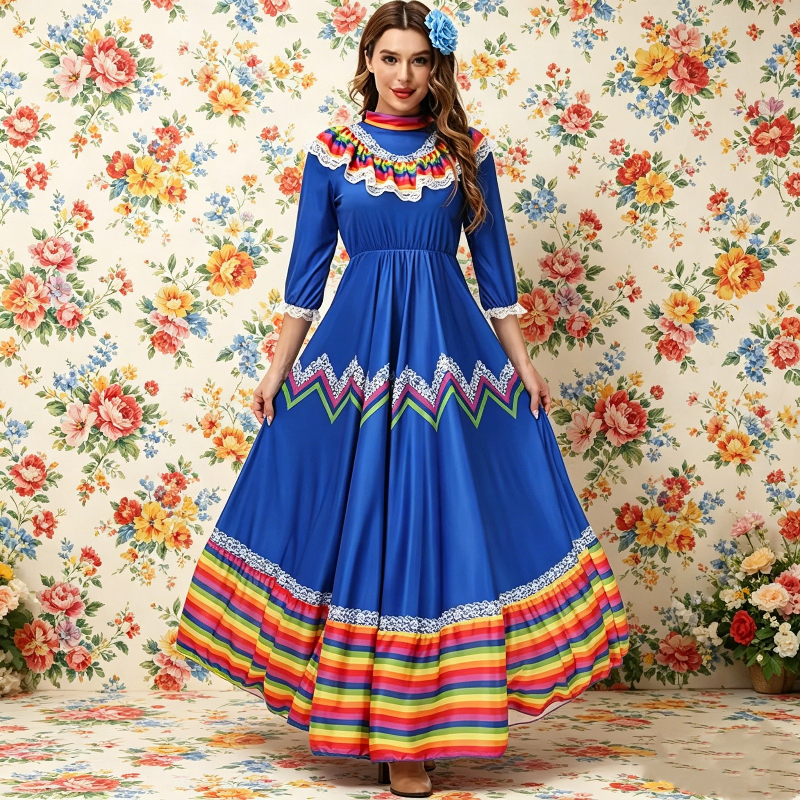 Robe maxi mexicaine traditionnelle à larges volants, rayée et colorée, pour femmes, costume de fête, de carnaval ou de danse, avec coiffe fleurie