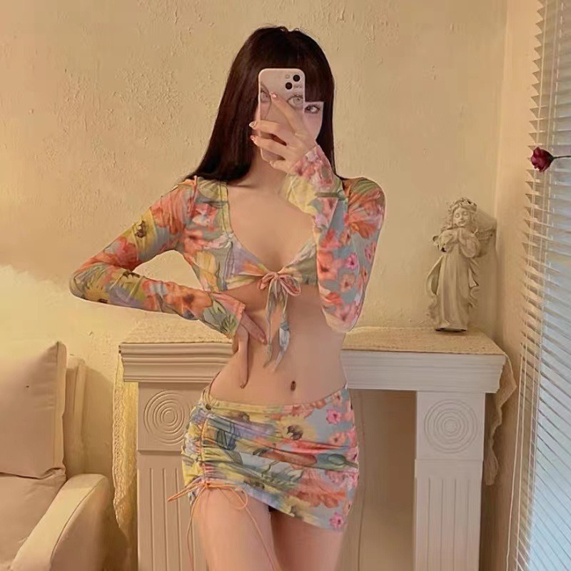 Bikini Sexy pour fille, col en v, poitrine attachée avec maille florale, T-shirt Ultra-fin + pantalon triangulaire, jupe enveloppée dans les fesses, vacances à la plage