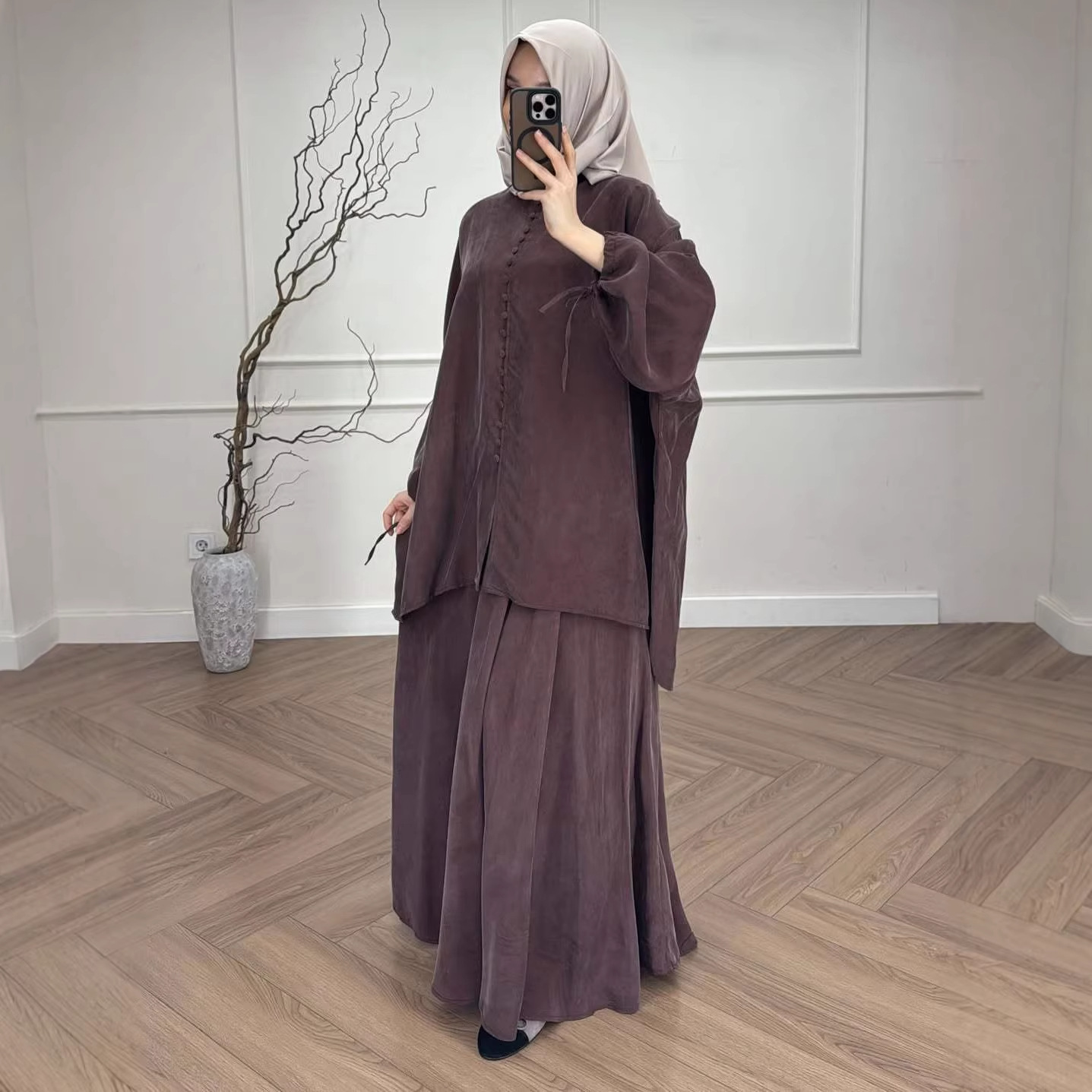 Ensemble 2 pièces jupe et chemise pour femme, style Eid musulman, avec jupe longue, haut à lacets, tenue marocaine Ramadan, ensemble Dubai à simple boutonnage