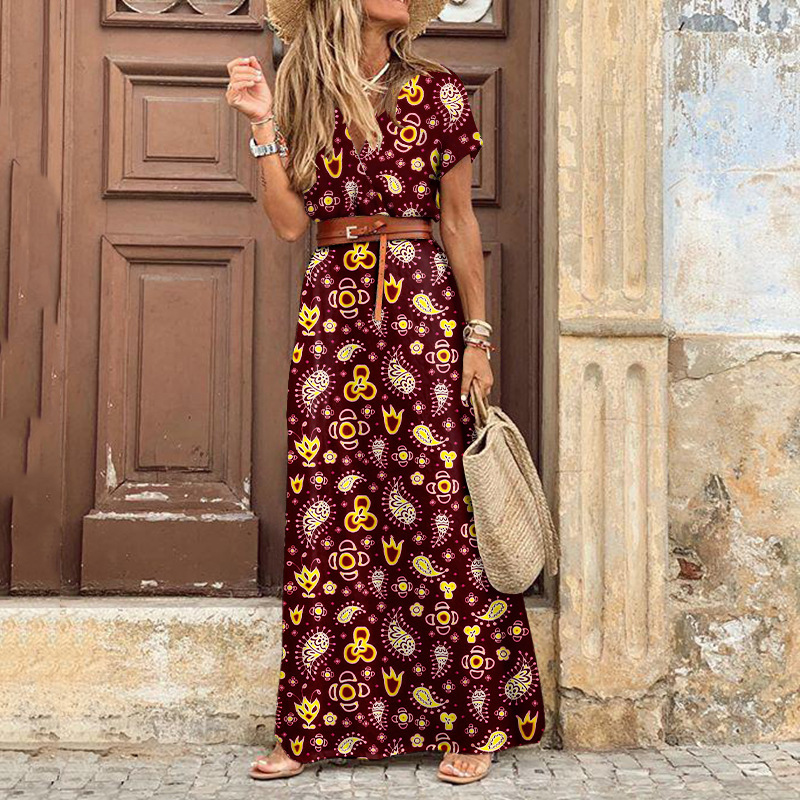 Robe mi-longue plissée florale en forme de H pour femmes, col en V, manches bouffantes, taille froncée, robes boutonnées, robe d'été élégante