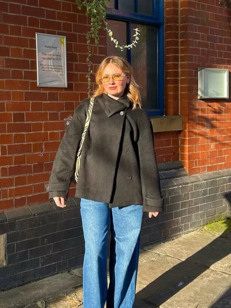 Femmes mode solide laine manteaux décontracté col haut manches longues simple boutonnage ample recadrée manteau dame rue loisirs vêtements d'extérieur
