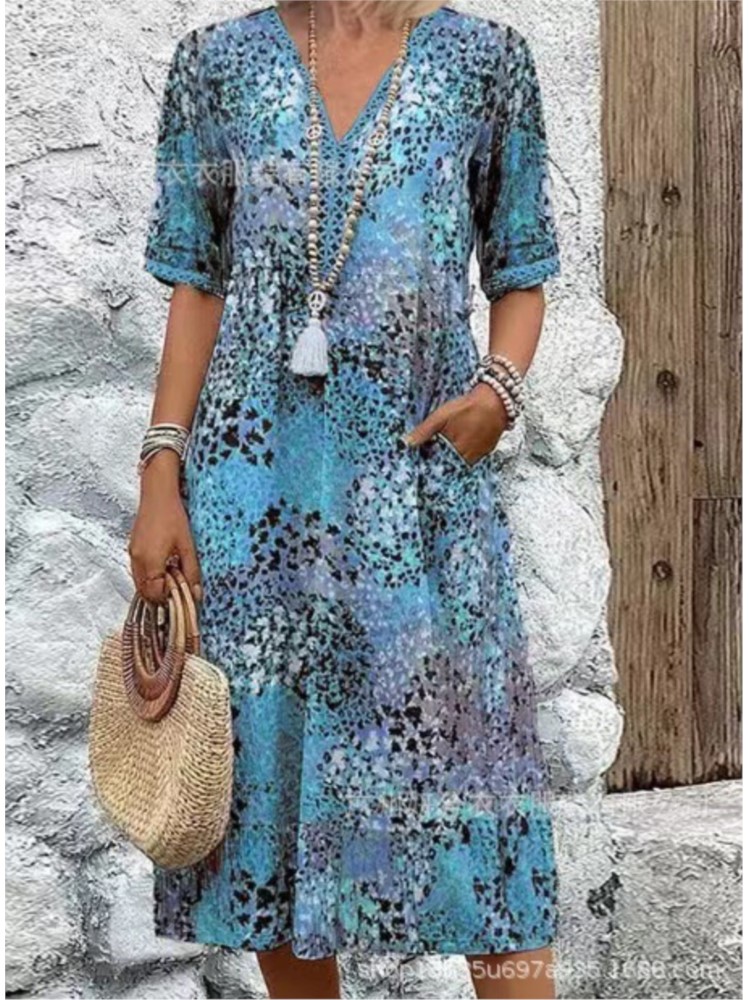Robes vintage mi-longues à dentelle pour femmes, style bohème moderne, imprimé floral, robe longue décontractée à manches courtes et col en V, robe femme
