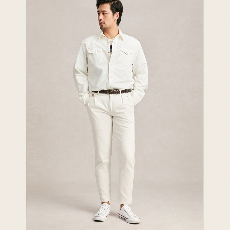 Chemise en jean délavé ivoire à manches longues pour homme, 100% coton, décorée de boutons, coupe cintrée américaine vintage, printemps/automne