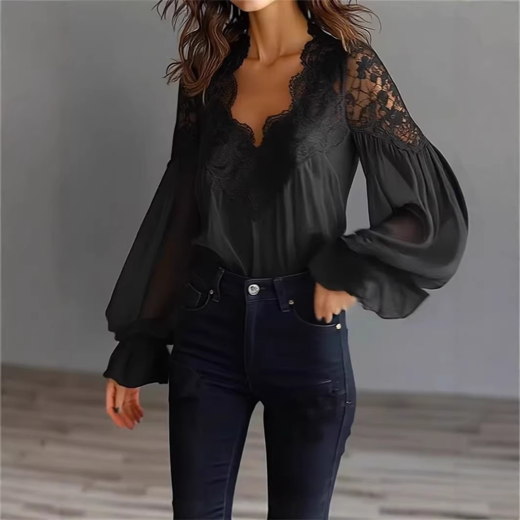 Chemisier en dentelle pour femme, col en V sexy, noir et blanc, manches bouffantes, plissé, couleur unie, élégant, pour le bureau et les trajets quotidiens, collection Printemps 2026