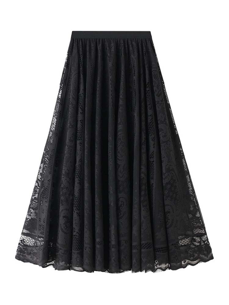 Printemps été femmes dentelle jupes solide taille haute élastique Vintage élégant bureau dames blanc noir Chic jupes longues Jupe Longue