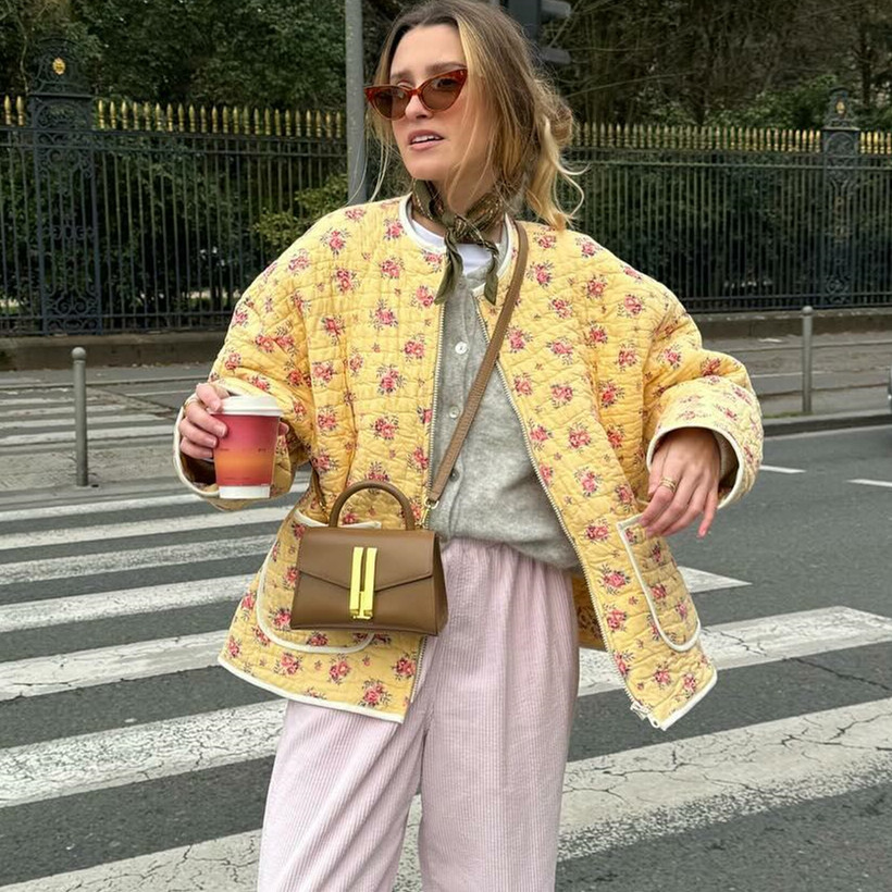 Vestes matelassées à imprimé floral pour femmes, col montant, poche pour documents, manteau rembourré esthétique, vêtements d'extérieur chauds pour femmes, chic, automne