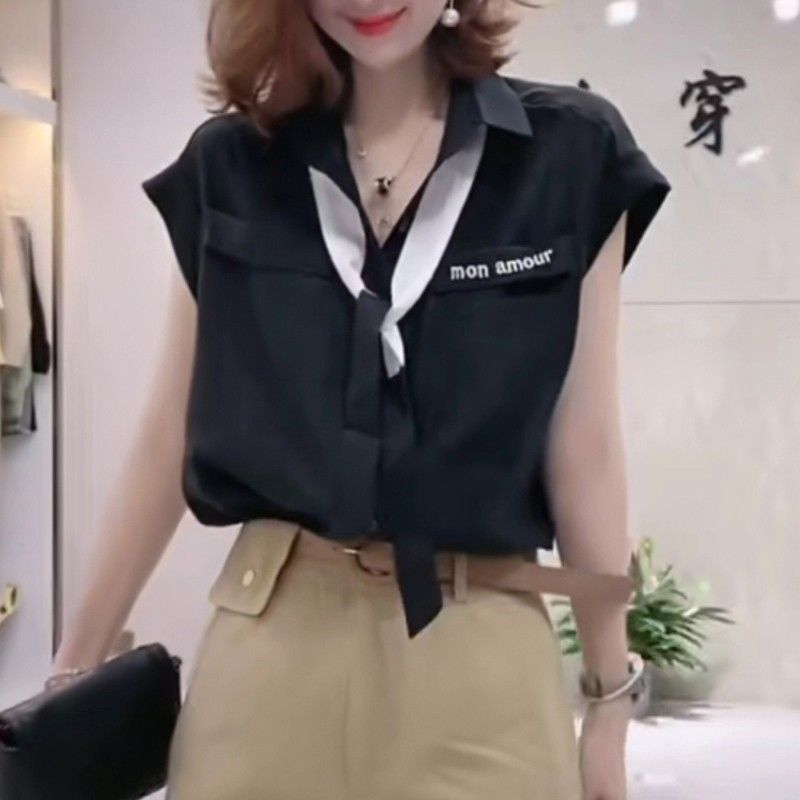 Chemise ample à col rabattu pour femme, vêtement de bureau, poches élégantes, Patchwork, cordon de serrage, couleur unie, été