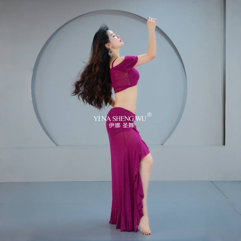 Vêtements d'entraînement élégants de danse du ventre bleu pour femmes, ensemble en maille pour adultes, vêtements d'entraînement de danse orientale