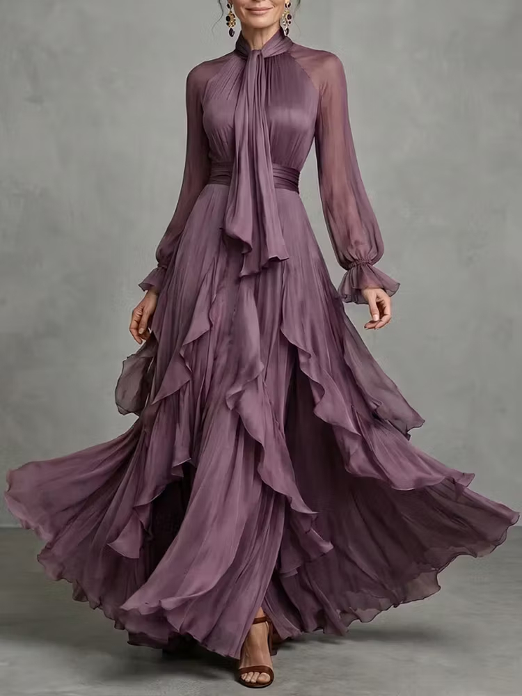 Robe longue élégante en mousseline à volants pour femme, avec nœud, col montant, manches lanternes, taille haute, pour invitées de mariage et soirées