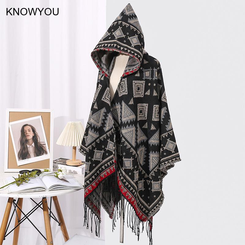 Pashmina Réversible en Cachemire pour Homme, Veste à Capuche avec Pompon, Chaud, Polyvalent, Triangle Everak