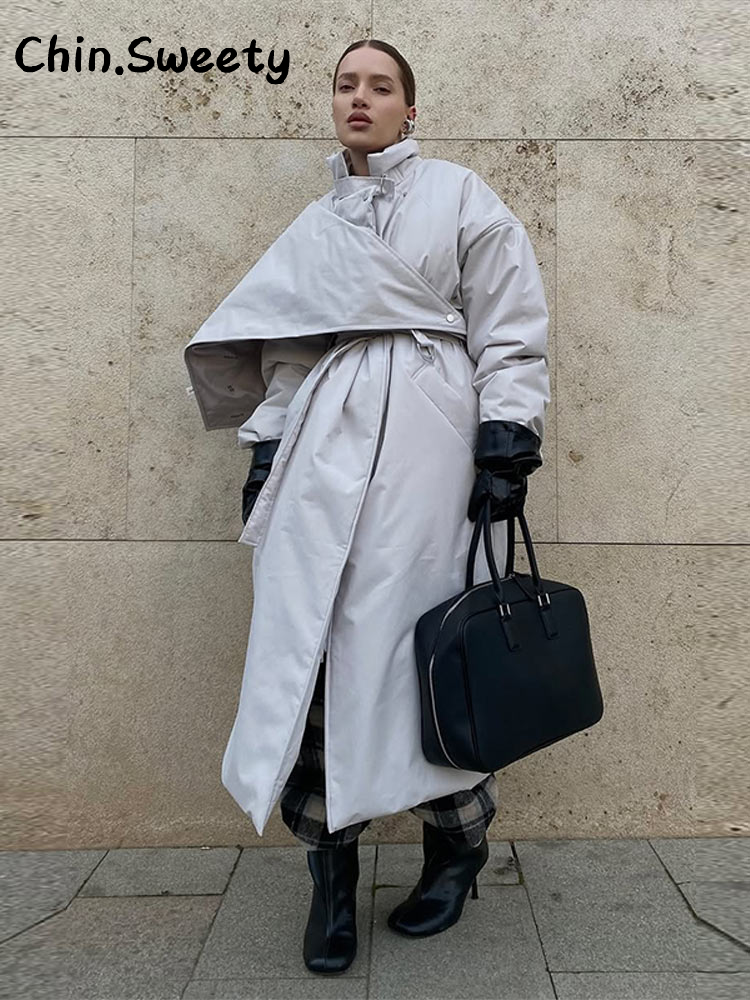 Manteau long matelassé en coton pour femme, à col montant, avec ceinture et lacets, fermeture éclair, manches longues, veste chaude d'hiver 2026