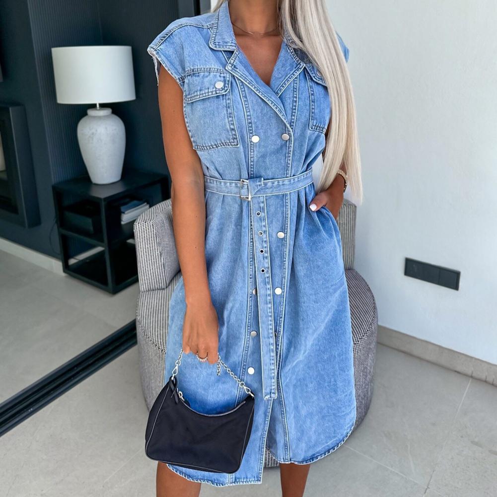 Robe en mélange de coton pour femmes, chemise en Jean, ligne a, cravate à la taille, avec revers boutonné, tenue de soirée au bureau, été