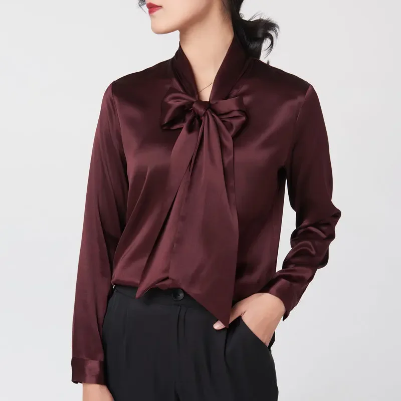 Chemise en soie de mûrier lourde pour femmes, chemisier à manches longues en Satin de soie, col en v, avec ruban à nœud, nouvelle collection printemps et automne 2025