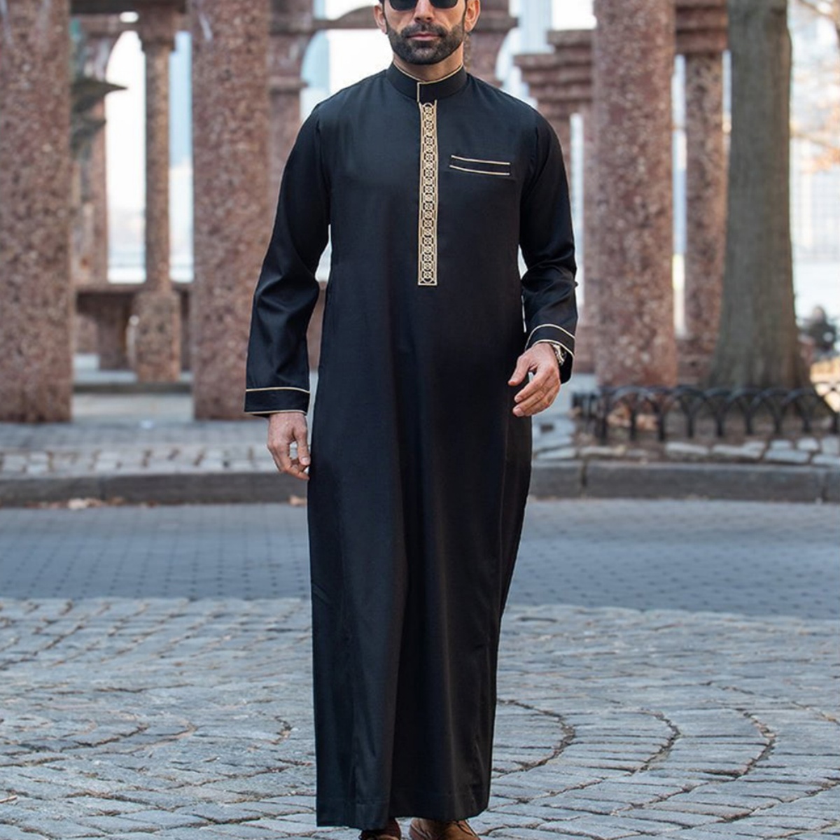 Robe longue islamique pour hommes musulmans arabes, col montant brodé, thobe traditionnel, vêtements traditionnels pour hommes