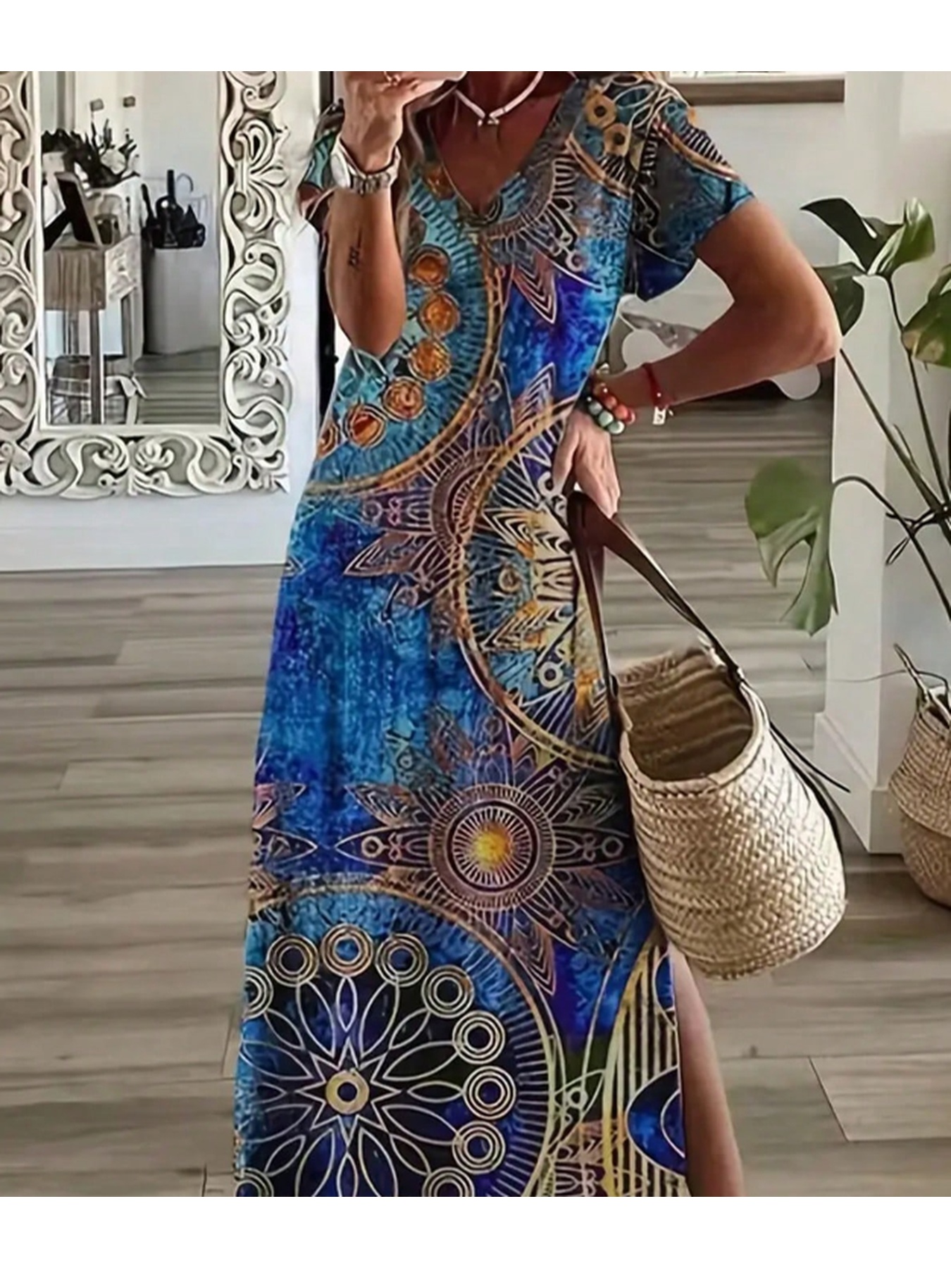 Robe longue bohème d'été décontractée et élégante à imprimé large, col en V fendu, manches courtes