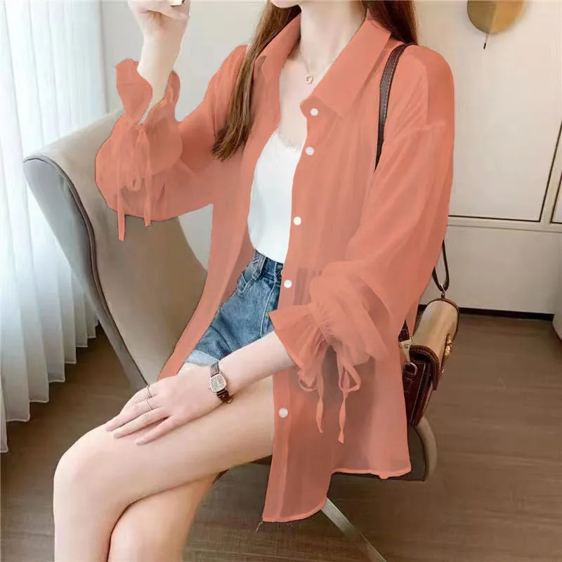 Chemises fines en mousseline de soie pour femmes, Perspective d'été, chemise de soleil coréenne solide, manches longues, mode coréenne pour dames, nouveaux vêtements de protection solaire
