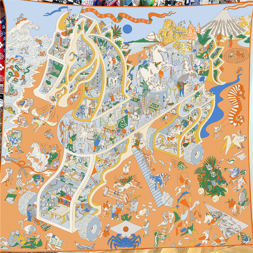 Foulard carré 135 cm en 30 % soie et 70 % cachemire pour femme, imprimé chevaux, bords roulés à la main, grands hijabs, bandanas, écharpes et foulards féminins