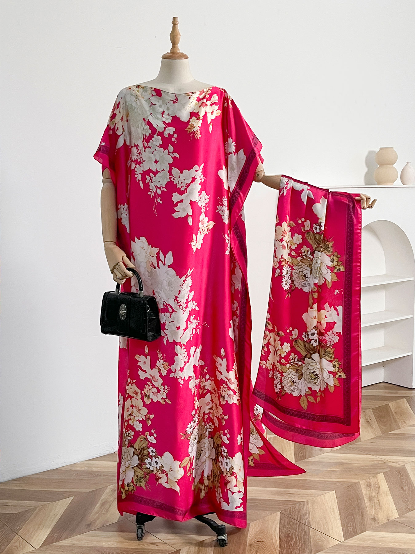 Ensemble abaya et foulard en satin à imprimé floral pivoine vintage, kaftan maxi ample à manches chauve-souris pour femmes musulmanes, idéal pour les vacances d'été et le quotidien