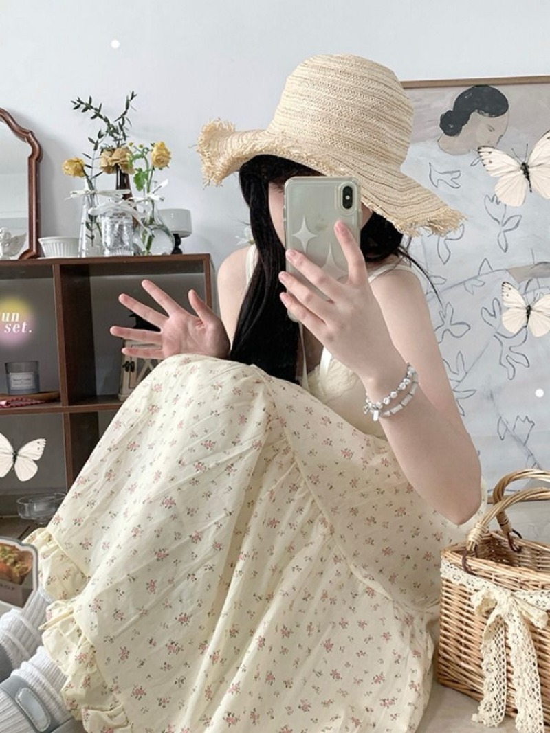 Jupe trapèze florale pour femme, longueur mi-mollet, taille haute, streetwear coréen, jupe Harajuku Y2K, été 2024