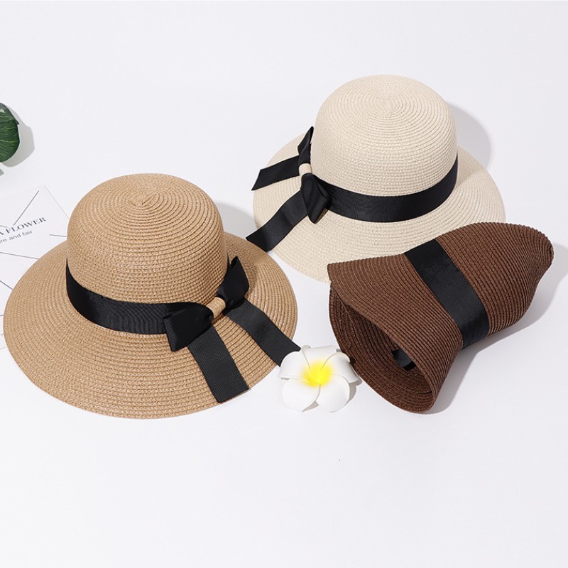 Chapeaux de soleil pliables à nœud papillon pour femmes et filles, chapeau de paille à large bord simple, protection UV extérieure, casquette de plage, femme, parent-enfant