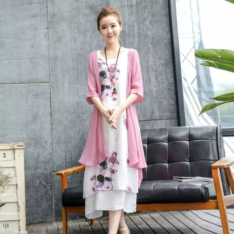 Ensemble de 2 pièces : Robe longue d'été élégante et décontractée pour femme, en coton et lin, imprimé vintage, avec cardigan.